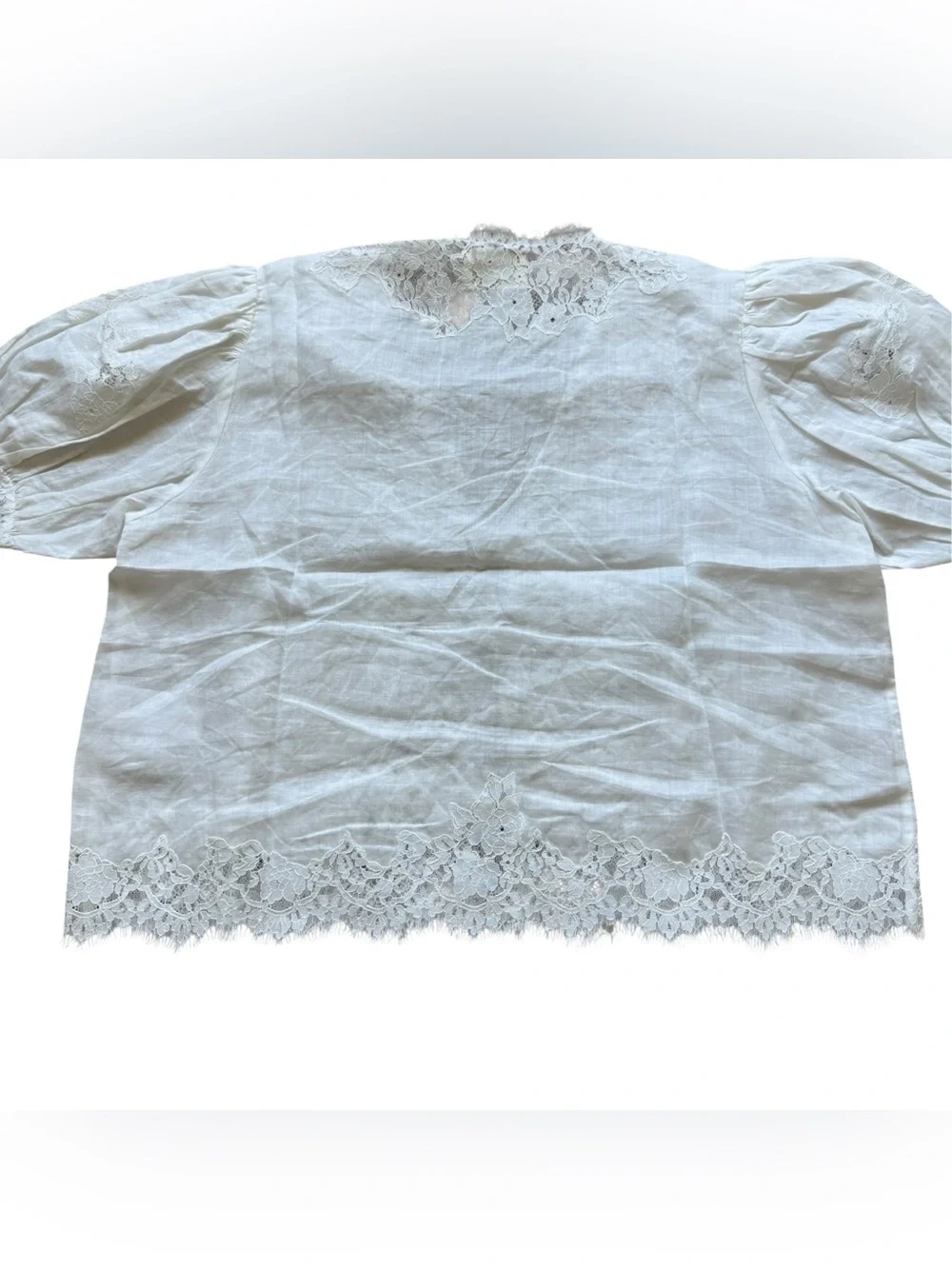 DÔEN Idella Top Salt White Lace Ramie Puff Sleeve Romantic Blouse L Cottagecore